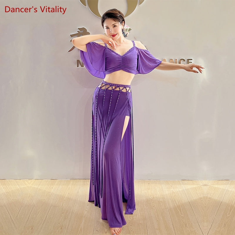 Belly Dance Costume Women Purple V-Neck Off-Shoulder Crop Top and Slit Skirt Set with Rhinestone Detail