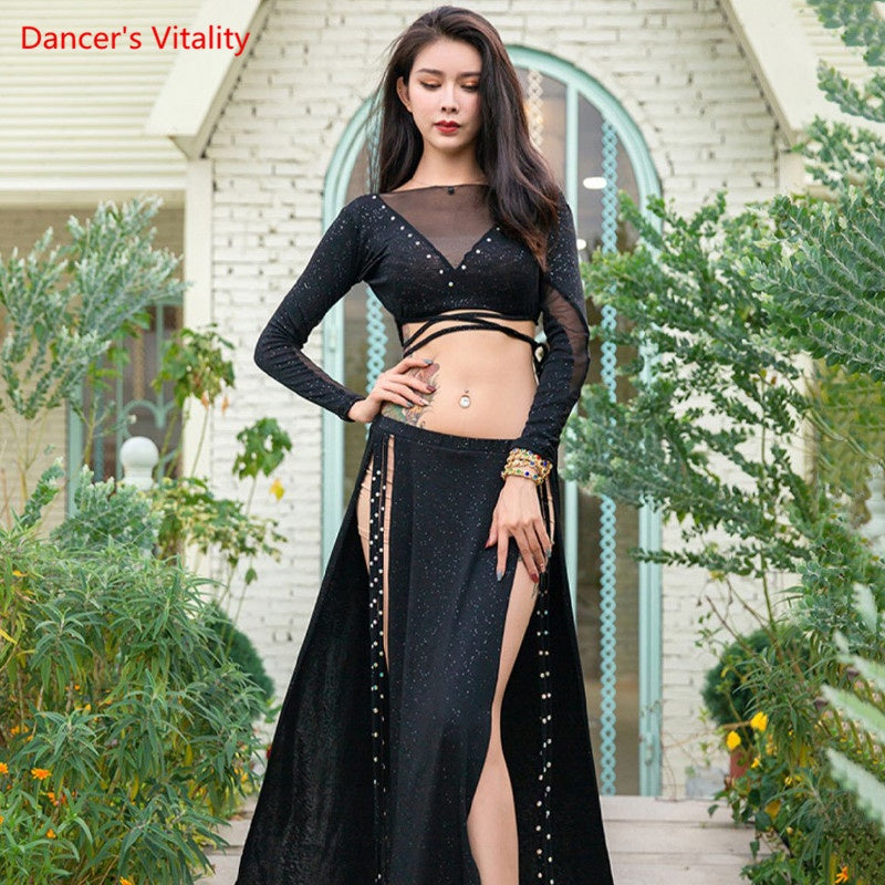 Belly Dance Women's Black Long Sleeve Mesh Crop Top and High Slit Skirt with Studs, Glitter Fabric