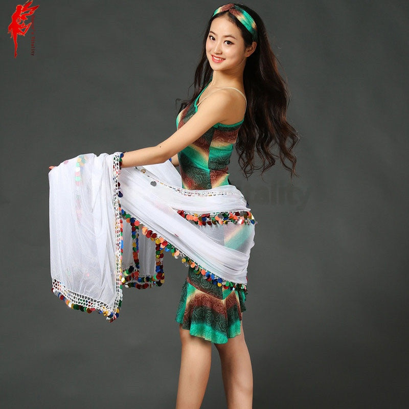 Women's Green & Brown Printed Tank Dress with White Sequin Hip Scarf, Belly Dance