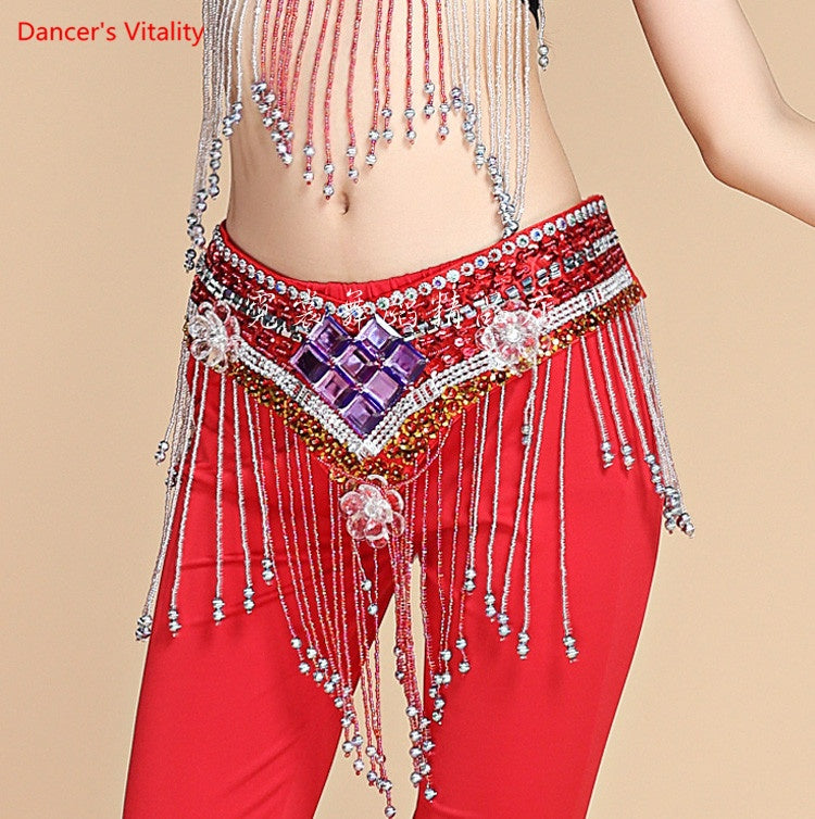 Belly Dance Hip Scarf, Women's Red Sequin & Beaded Fringe Hip Belt for Performance & Practice