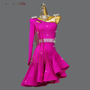 Women's Fuchsia One-Shoulder Rhinestone Fringe Latin Dance Dress