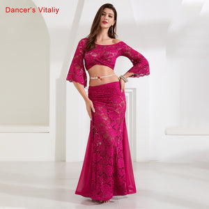 Women's Fuchsia Lace Bell Sleeve Crop Top and Mermaid Skirt Set - Belly Dance