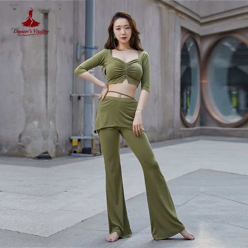Women's Olive Green Ruched Crop Top & Flared Pants with Attached Skirt, Belly Dance Costume
