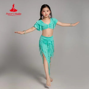 Girls Aqua Belly Dance Costume, Ruffled Crop Top, Fringe Skirt with Slit, Performance Wear