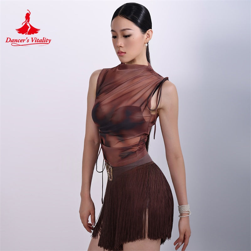 Women's Brown Mesh Sleeveless Tie-Side Fringe Skirt Latin Dancewear Set