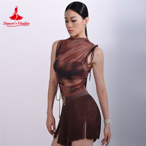 Women's Brown Mesh Sleeveless Tie-Side Fringe Skirt Latin Dancewear Set