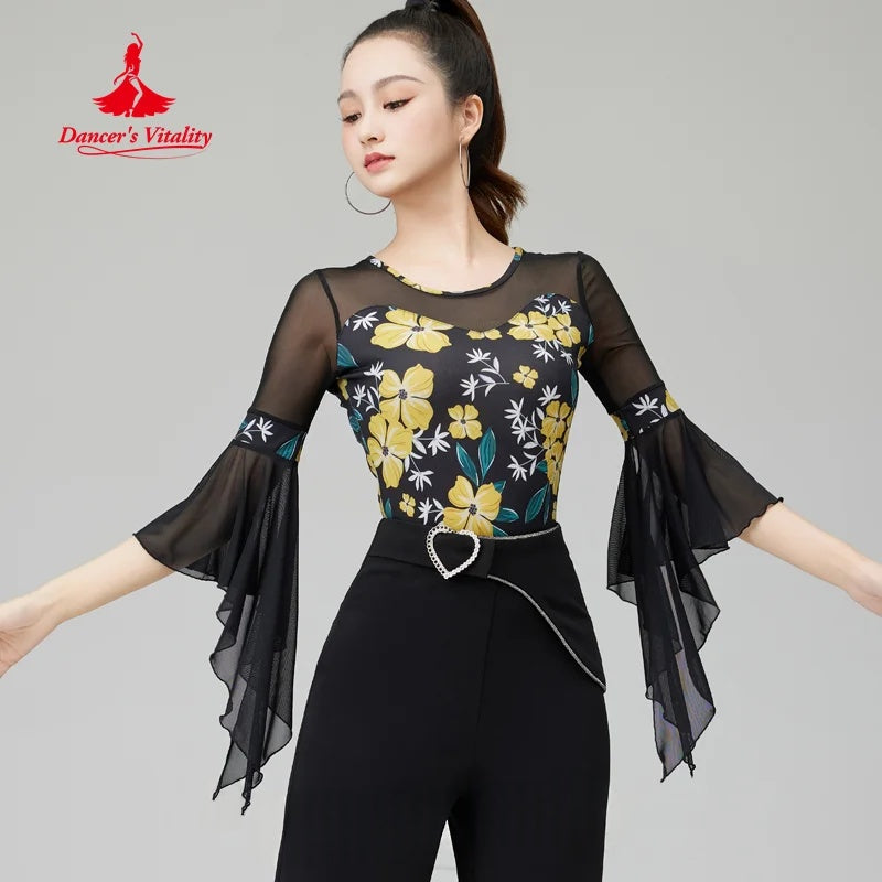 Women's Black & Yellow Floral Mesh Bell Sleeve Latin Dance Top