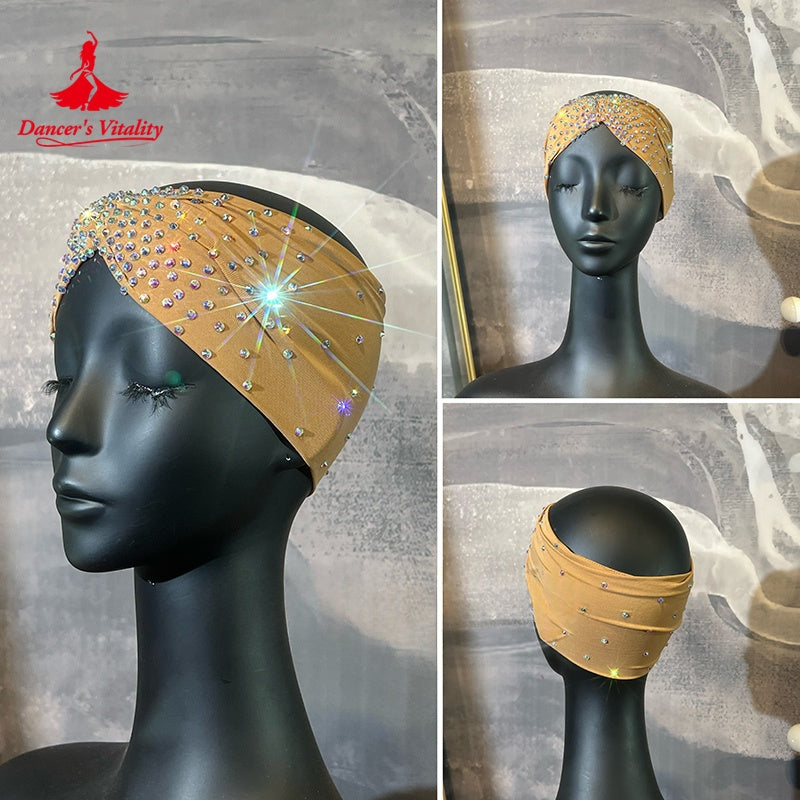 Dance Headband Women's Tan Rhinestone Embellished Stretch Fabric Turban for Latin Ballroom Dance