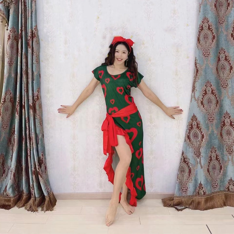 Women's Green & Red Heart Print Latin Dance Dress with Ruffled Hem