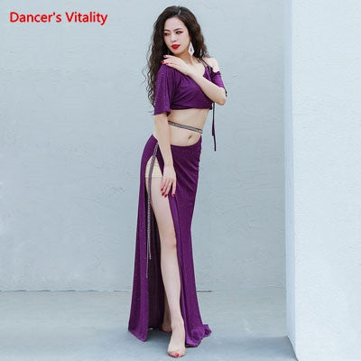 Belly Dance Women's Purple Shimmer Crop Top and High Slit Maxi Skirt Set, Sequin Trim, Performance Costume