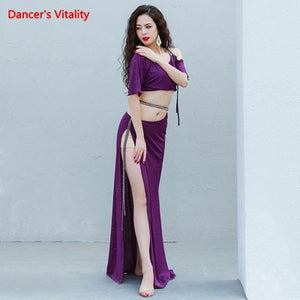 Belly Dance Women's Purple Shimmer Crop Top and High Slit Maxi Skirt Set, Sequin Trim, Performance Costume