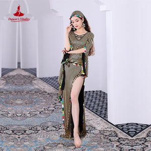 Women's Gold Striped Kaftan Dress with Sequin Trim and Headband for Belly Dance