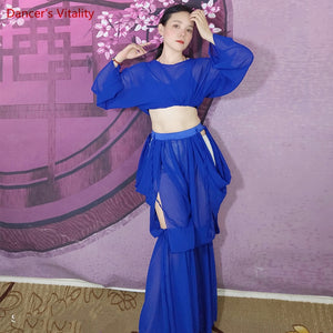 Belly Dance Women's Royal Blue Sheer Chiffon Cropped Top and Flowy Skirt Set with Side Slits