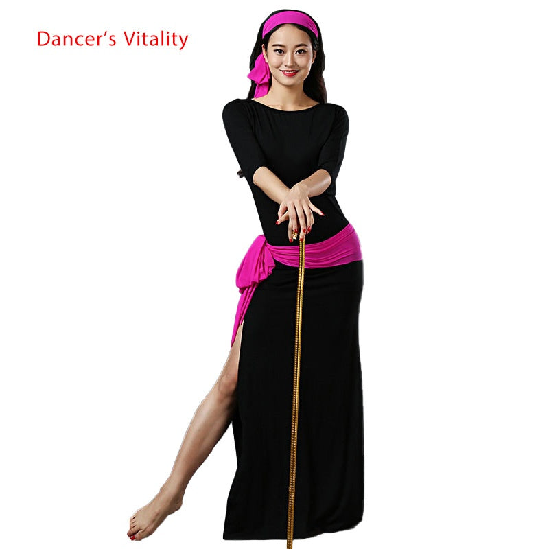 Belly Dance Dress Women's Black & Pink Long Sleeve Side Slit Baladi Saidi Folkloric Dress with Headband and Hip Scarf