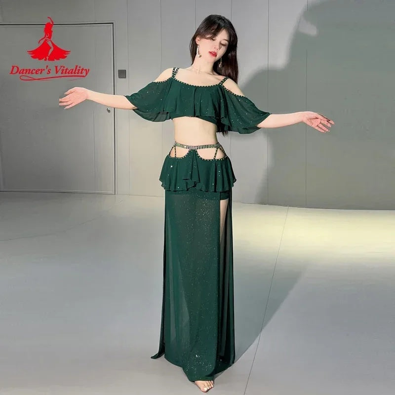 Belly Dance Costume Women's Emerald Green Ruffled Cold Shoulder Crop Top with Slit Skirt and Rhinestone Waist Chain