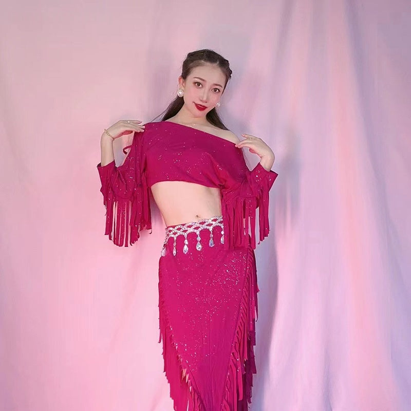 Women's Fuchsia Sequin Fringe Off-Shoulder Crop Top & Skirt Belly Dance Costume