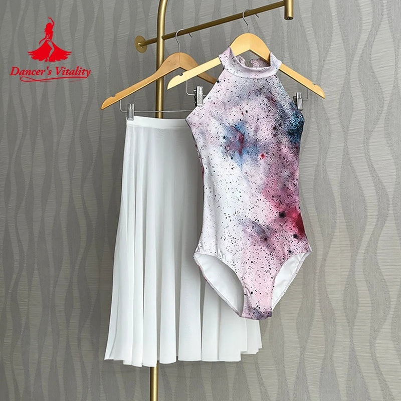 Dance Leotard and Skirt Set, Women's, White/Multi-color, Halter Neck Watercolor Print Leotard, Pleated Chiffon Skirt, Ballet/Lyrical Dance
