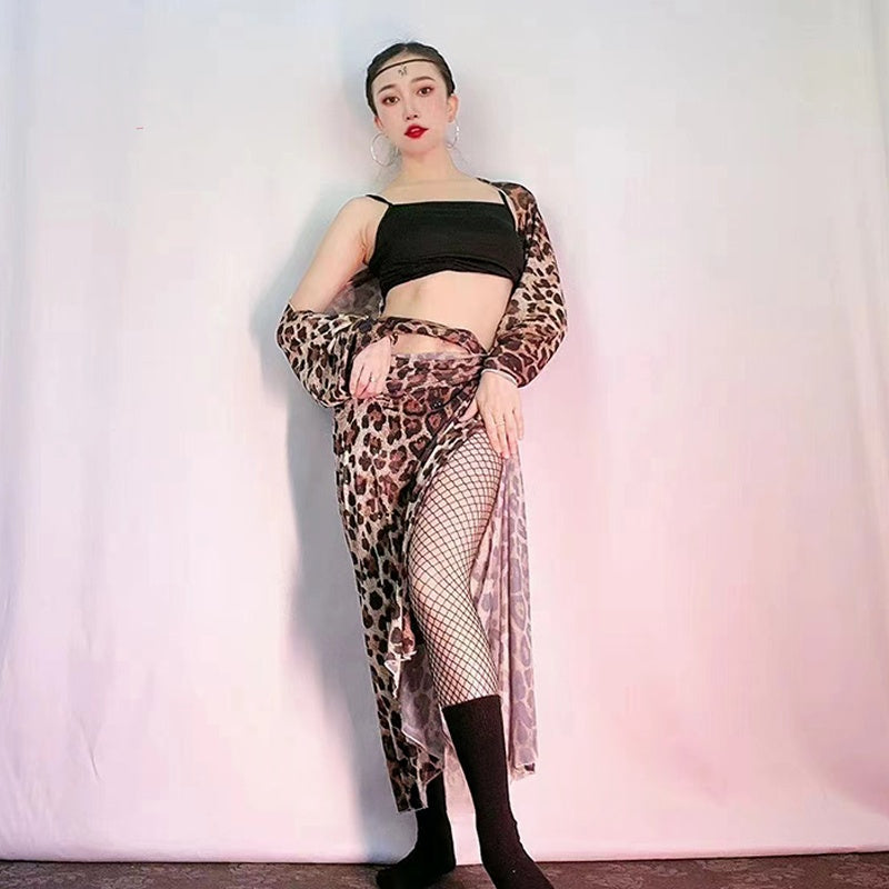 Belly Dance Costume Women's Leopard Print Chiffon Long Sleeve Crop Top and Slit Skirt Set with Fishnet Tights