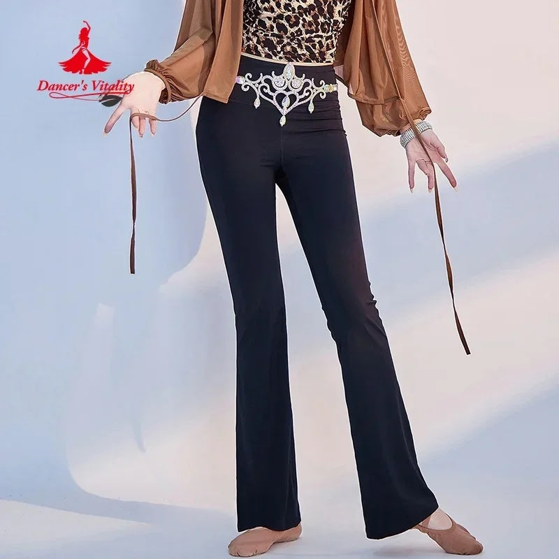 Women's Black Flare Dance Pants with Rhinestone Waistband, Belly Dance/Latin Dance Performance Trousers