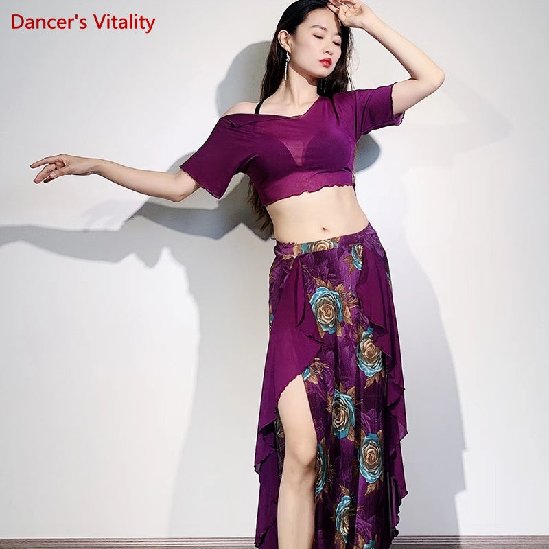 Women's Purple Floral Asymmetrical Skirt and Sheer Crop Top Belly Dance Costume