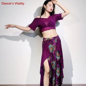 Women's Purple Floral Asymmetrical Skirt and Sheer Crop Top Belly Dance Costume