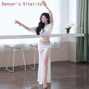 Belly Dance Costume Women's White Chiffon Crop Top and High Slit Skirt Set with Beaded Hip Scarf for Performance
