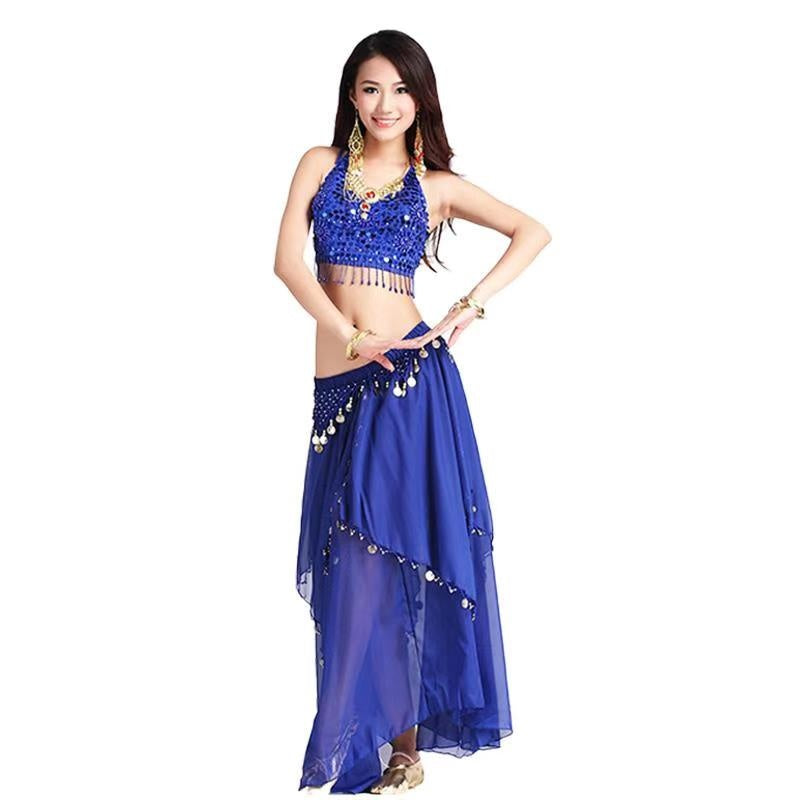 Women's Royal Blue Sequin Halter Belly Dance Costume Set with Coin Skirt