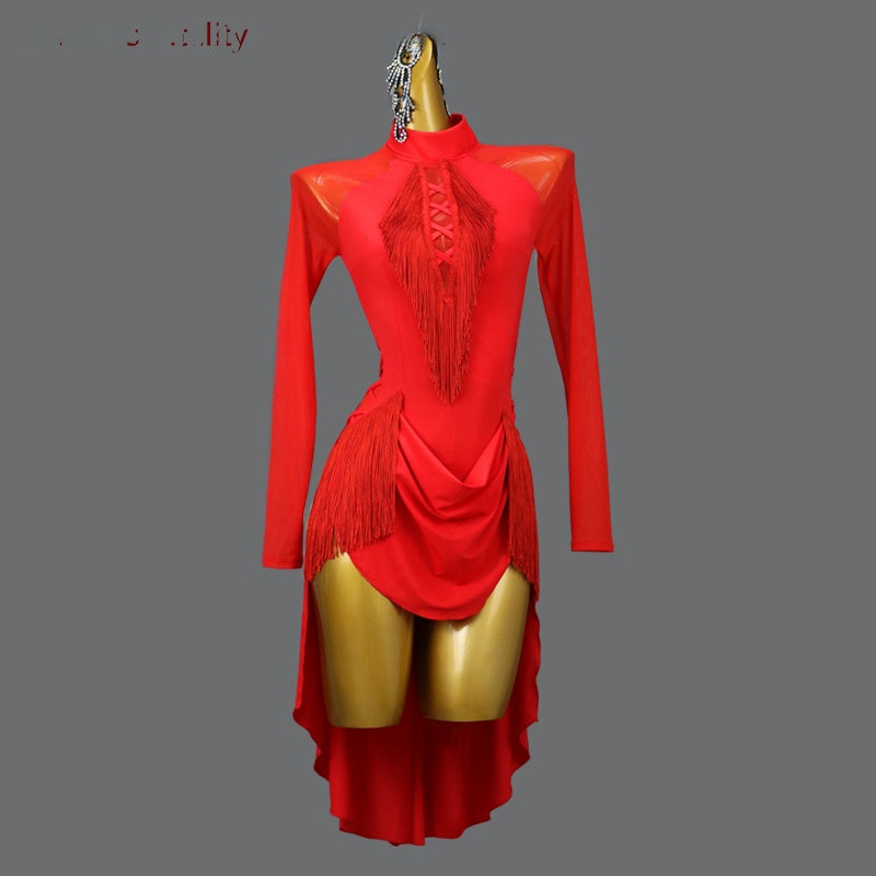 Latin Dance Dress Women's Red Fringe High-Low Hem Long Sleeve Mock Neck Mesh Bodice Rhythm Salsa Cha-Cha Rumba Samba Jive