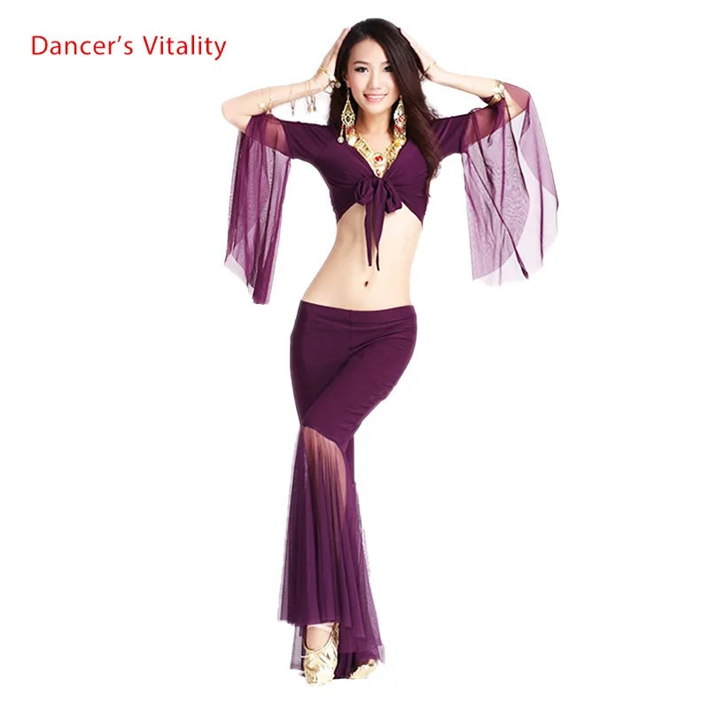 Belly Dance Costume Women's Purple Chiffon Long Sleeve Crop Top and Flare Pants Set