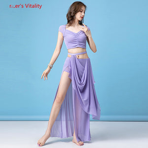 Women's Lavender Shimmery Ruched Crop Top and High Slit Drape Skirt Set, Belly Dance