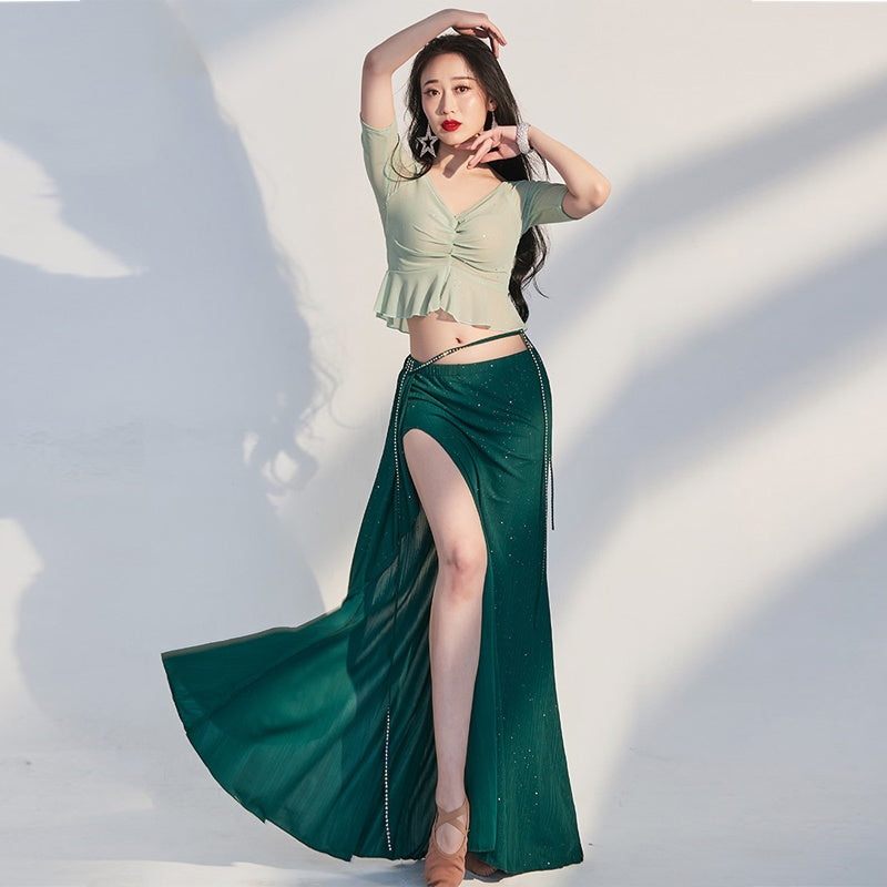 Women's Green Glitter Slit Maxi Skirt & Ruffled V-Neck Top Belly Dance Costume