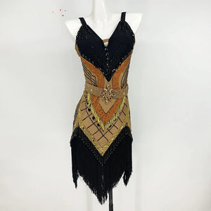 Women's Black, Gold & Tan Beaded Fringe Latin Salsa Dance Dress with Rhinestone Belt