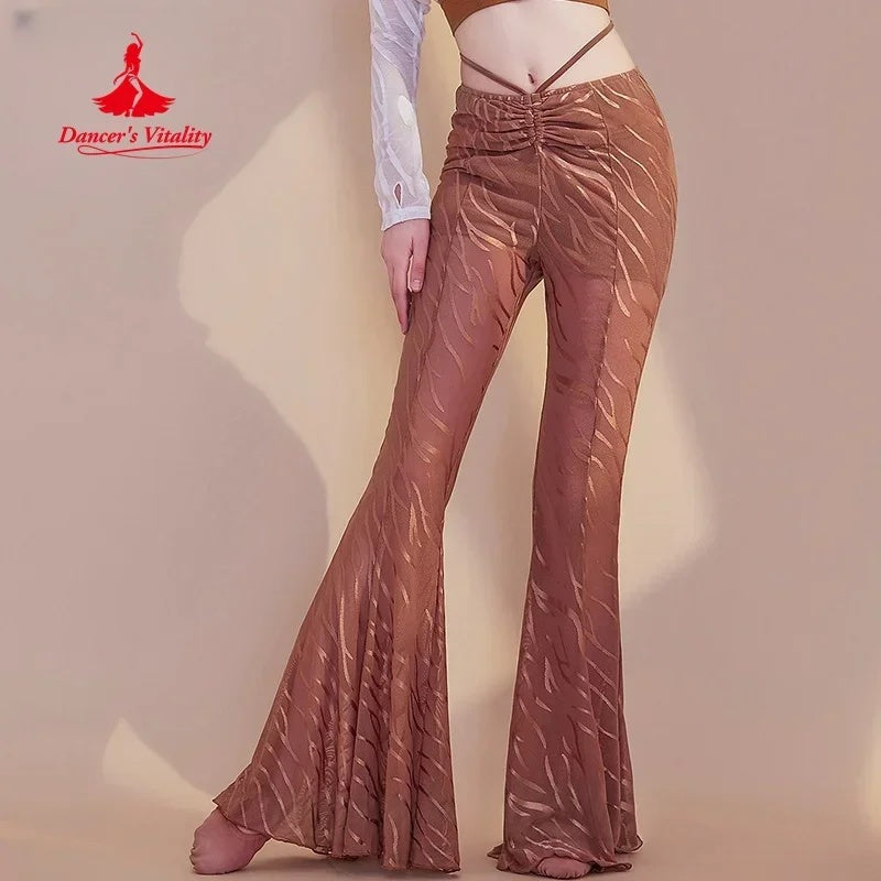 Women's Brown Sheer Zebra Print Ruched Flare Dance Pants for Belly Dance