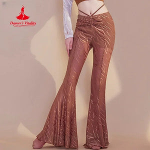 Women's Brown Sheer Zebra Print Ruched Flare Dance Pants for Belly Dance