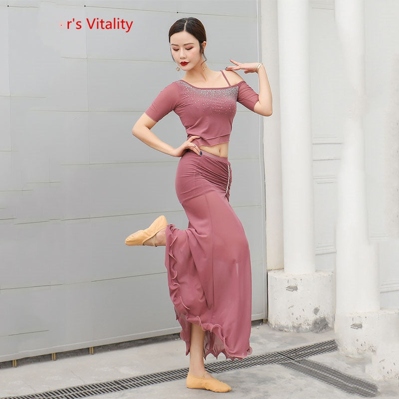 Women's Pink Rhinestone Off-Shoulder Crop Top and Ruched Maxi Skirt Latin Dance Set