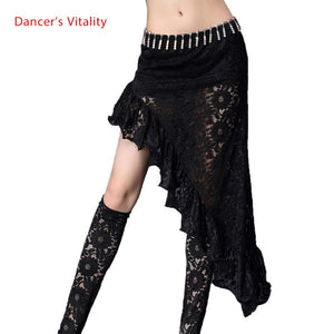 Belly Dance Skirt Women's Black Lace Asymmetrical Ruffled High-Slit Skirt with Hip Scarf and Leggings for Belly Dance Performance