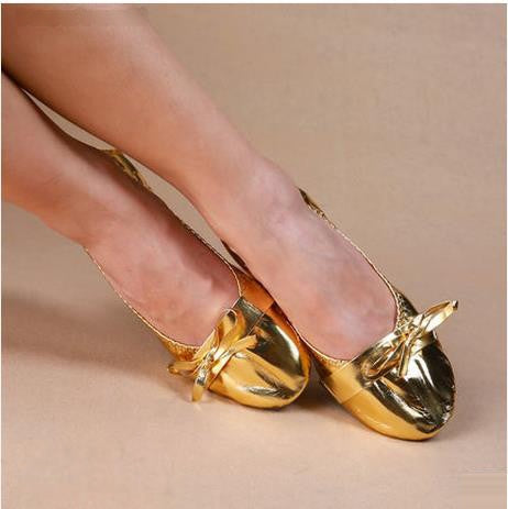 Women's Gold Metallic Ballet Flat Dance Shoes with Bow Detail