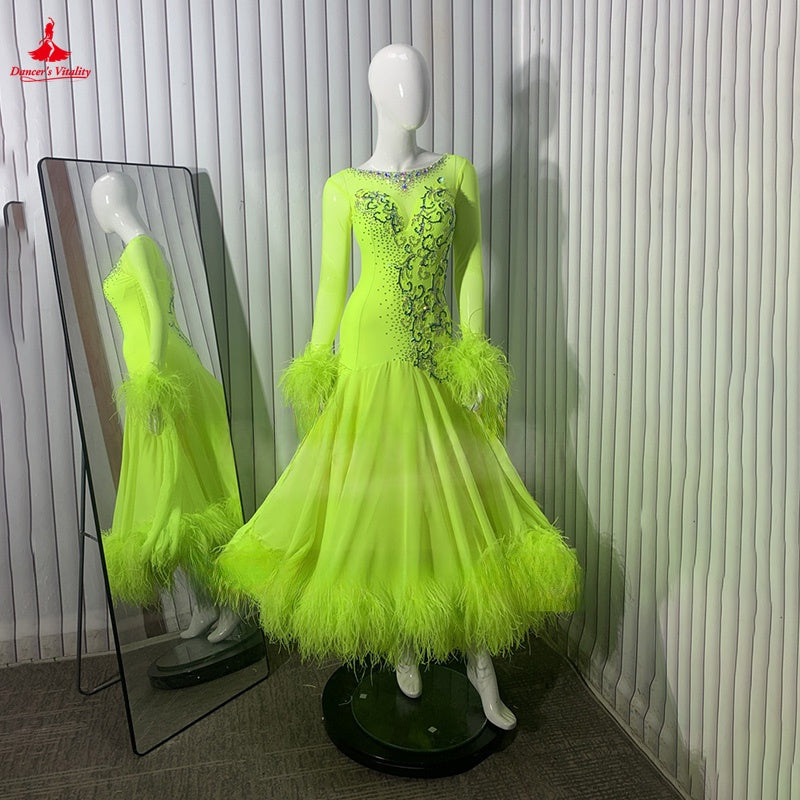 Ballroom Dance Dress Women's Neon Green Feathered Embellished Long Sleeve Standard Smooth Dress