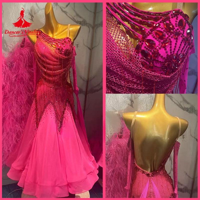 Ballroom Dance Dress Women's Fuchsia Sequin & Rhinestone Open Back Asymmetrical Neckline with Feather Boa Standard Smooth Dance Gown