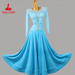 Women's Blue Ballroom Dance Dress, Long Sleeve Mesh Neckline, Ruched Bodice, Crystal Embellishments, Full Skirt