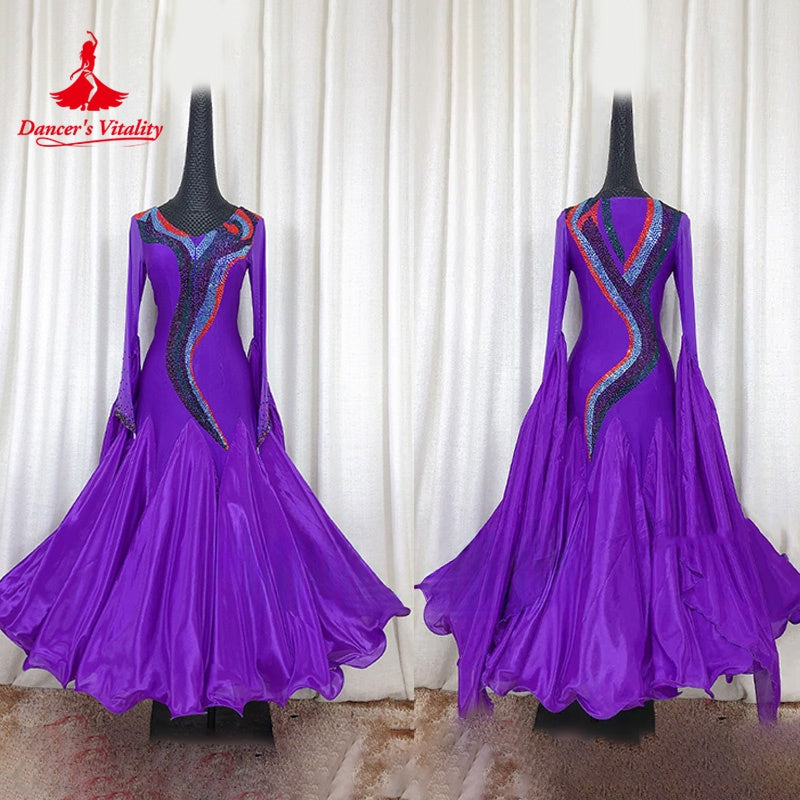 Women's Purple Ballroom Dance Dress with Long Sleeves and Embellished Bodice