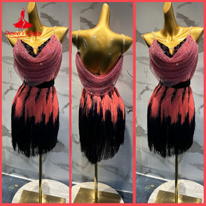 Women's Pink & Black Sequin Fringe Latin Dance Dress