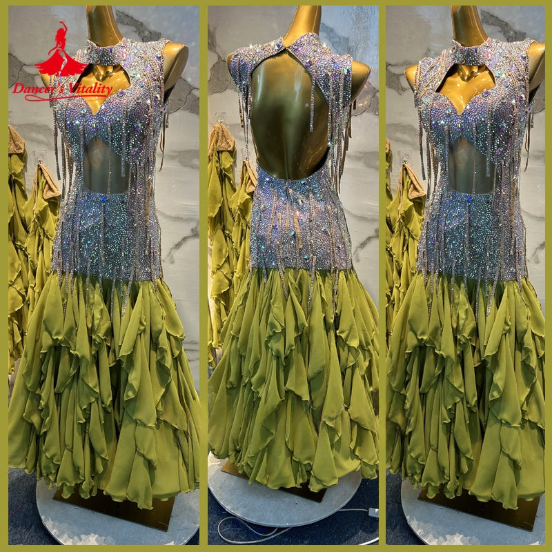 Latin Dance Dress Women's Green & Silver Rhinestone Fringe Open Back Ruffled Chiffon Ballroom Competition Gown