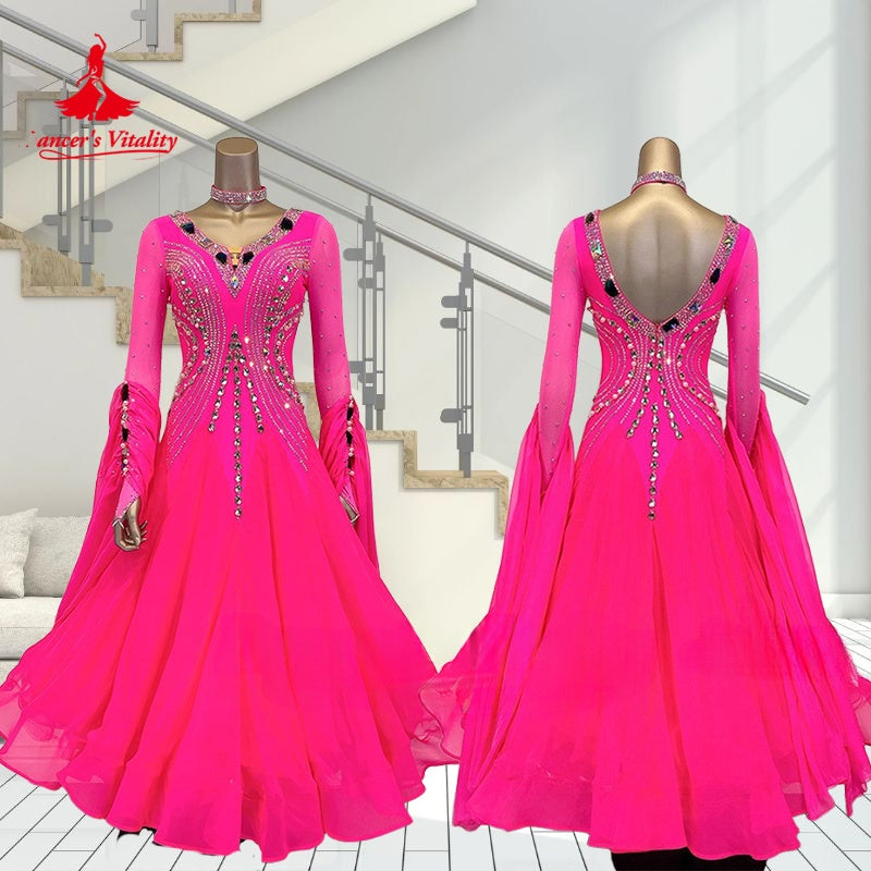 Ballroom Dance Dress Women's Hot Pink Rhinestone Mesh Long Sleeve V-Neck Chiffon Standard Smooth Competition Gown