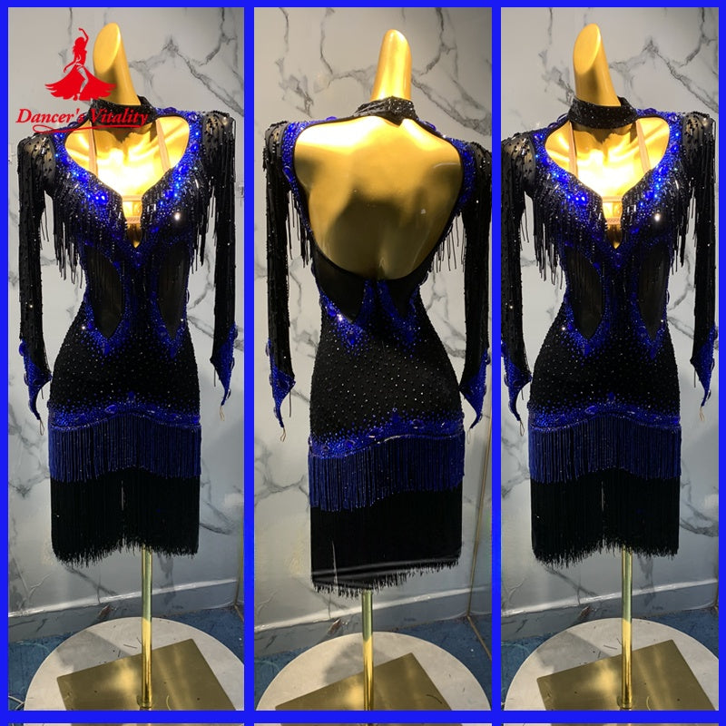 Latin Dance Dress Women's Black and Blue Beaded Fringe Backless Rhinestone Salsa Rumba Cha Cha Costume