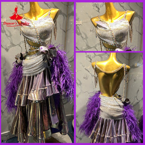 Women's Purple and Silver Sequin Feather Tiered Latin Rhythm Dance Dress