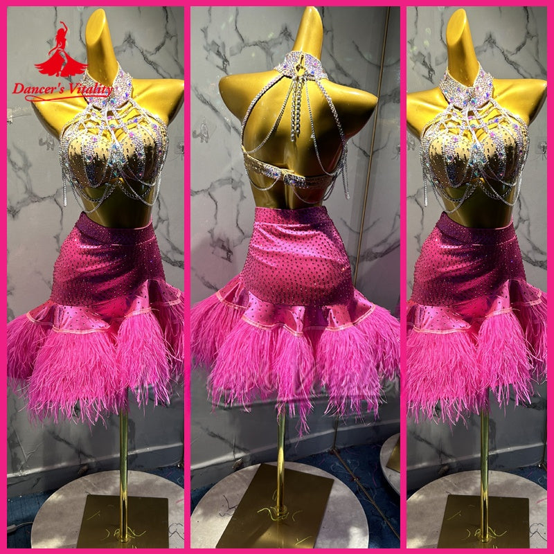 Latin Dance Dress Women Hot Pink Rhinestone Feather Halter Bodysuit & Skirt Set