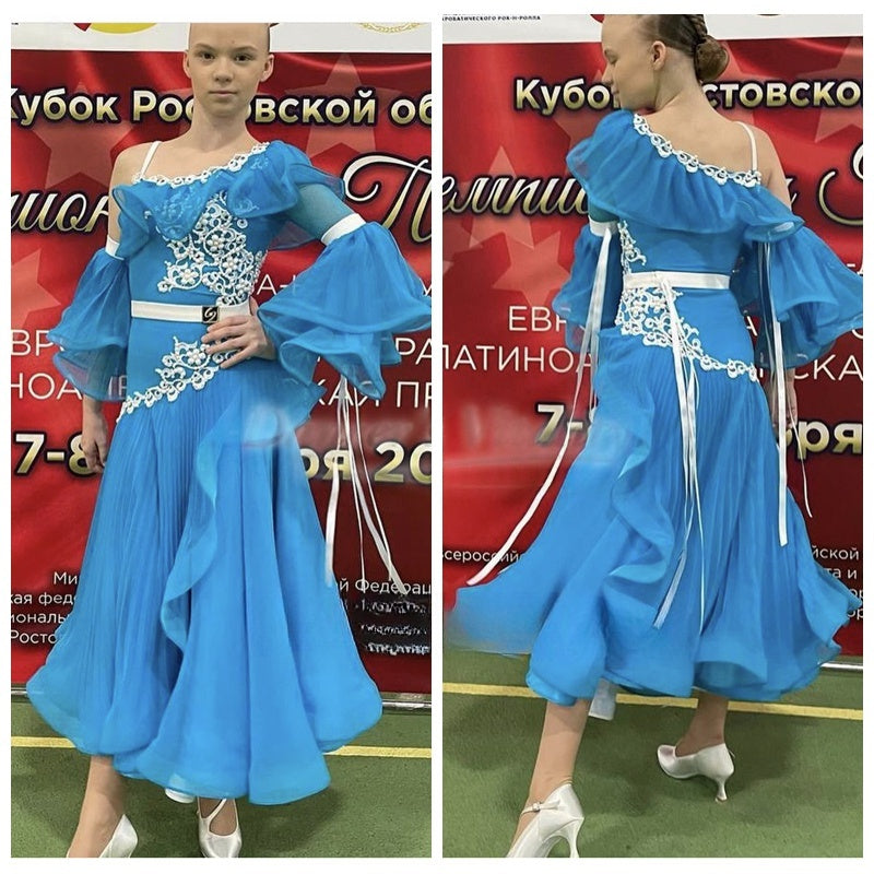 Girls' Blue Standard Ballroom Dance Dress with White Lace Applique & Chiffon Sleeves