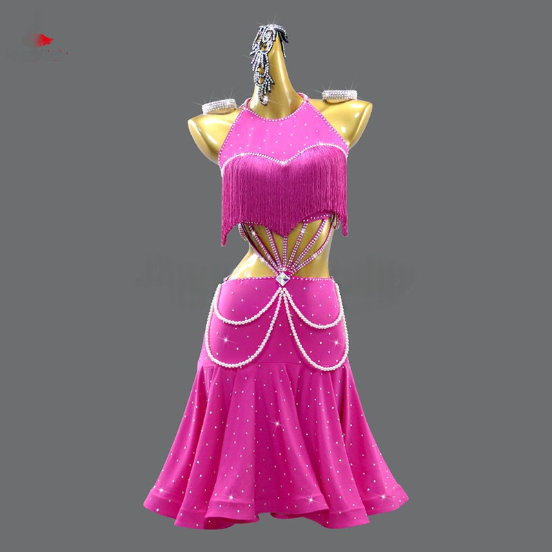 Women's Fuchsia Halter Fringe Rhinestone Pearl Latin Dance Dress