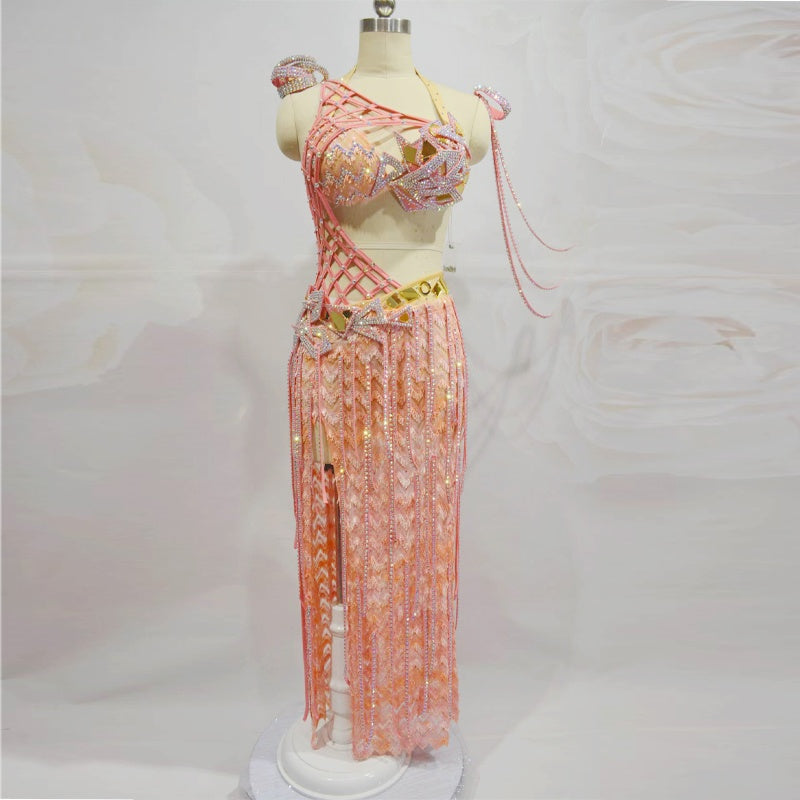 Belly Dance Costume Women's Pink Sequin Rhinestone Cutout Halter Bra & Skirt Set with Arm Cuffs